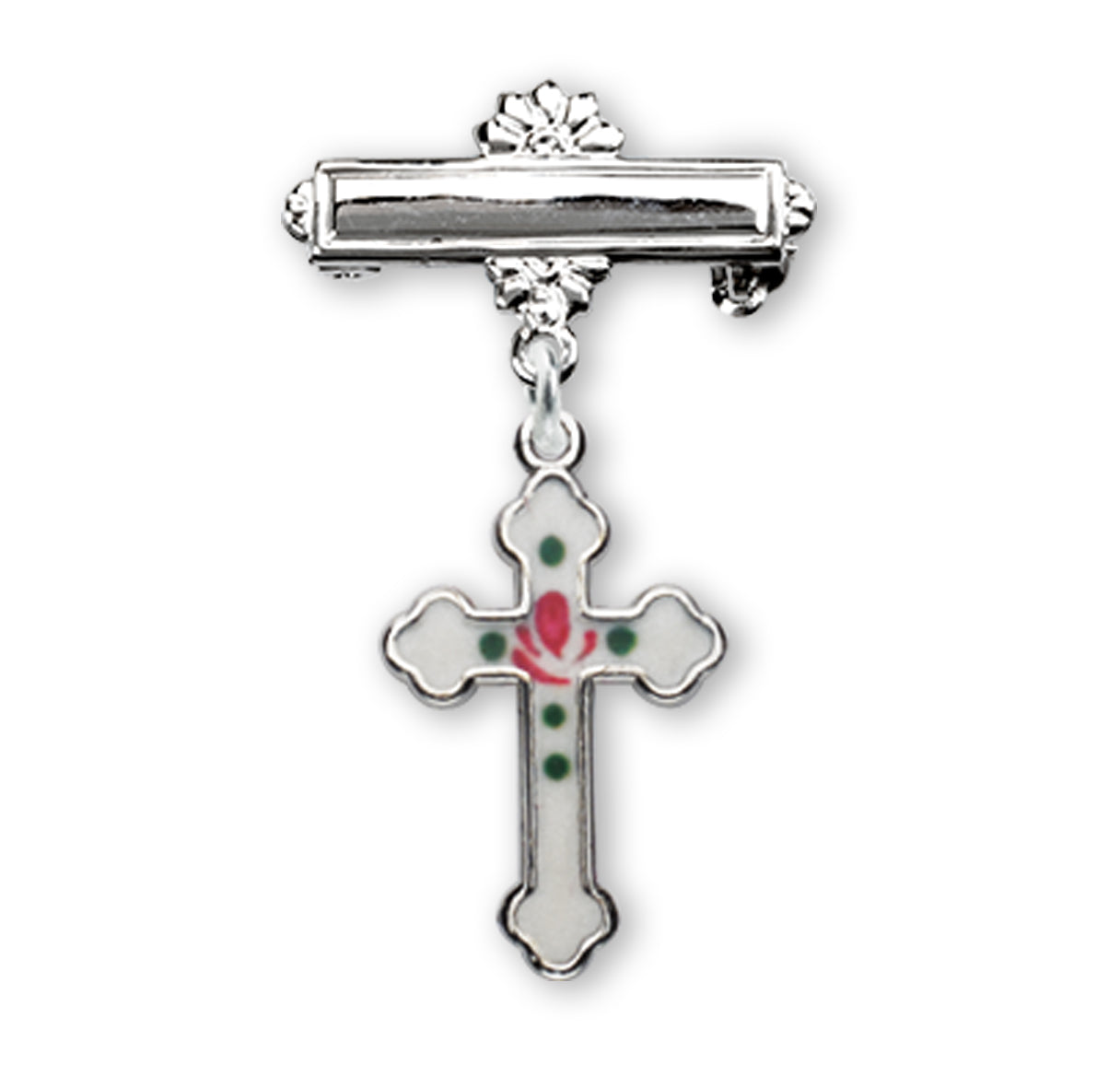 Sterling Silver Rosebud White Enameled Baby Cross Pin Necklace | .925 Silver