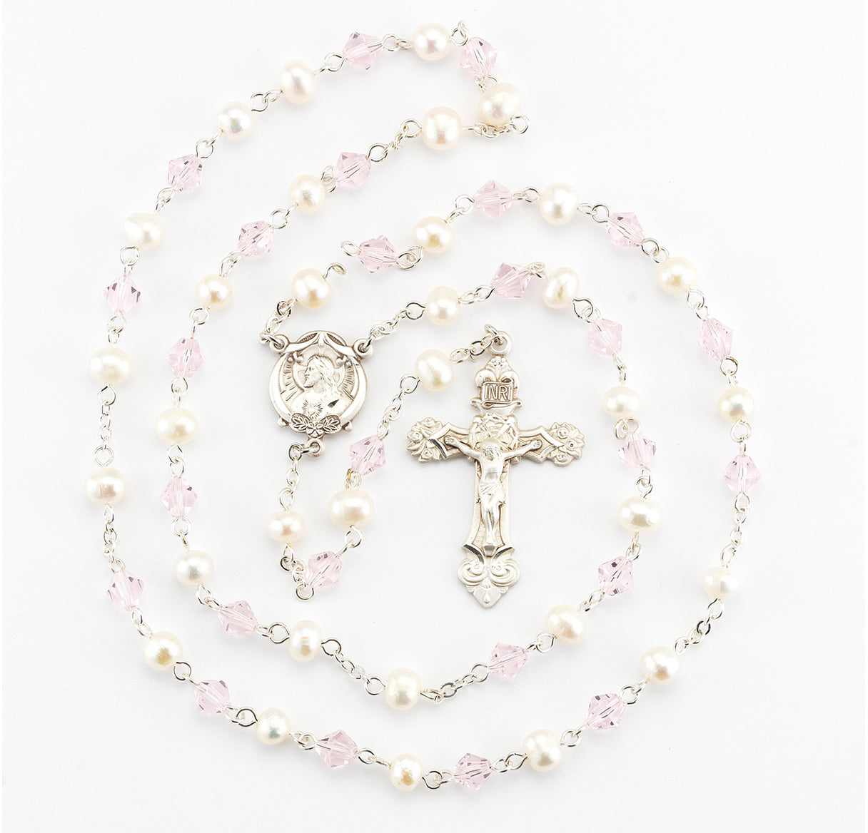 Freshwater Pearl and 6mm Pink Bicone Bead Rosary | Catholic Rosary