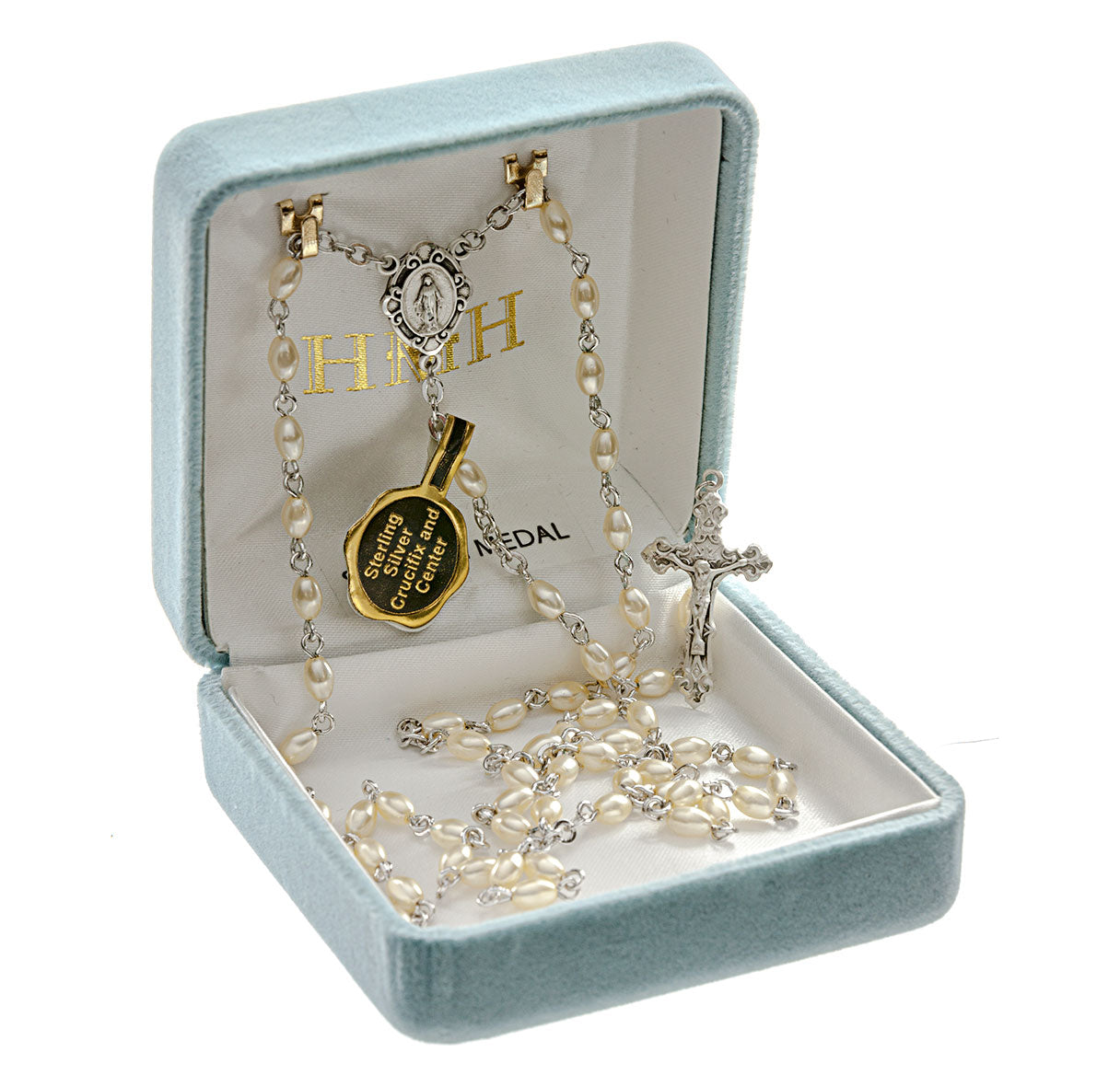 Faux Pearl Rosary with Sterling Crucifix and Centerpiece | .925 Silver