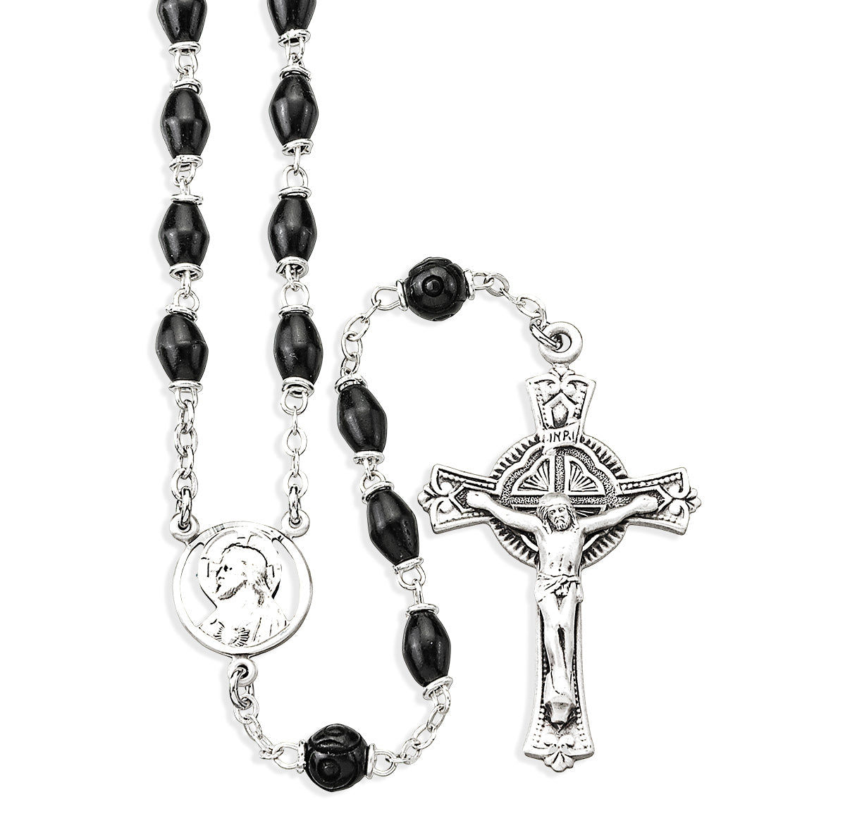 5x7mm Black Oval Genuine Cocoa Beads & 8mm Round O.F. Beads with Scapular Center | Catholic Rosary Beads