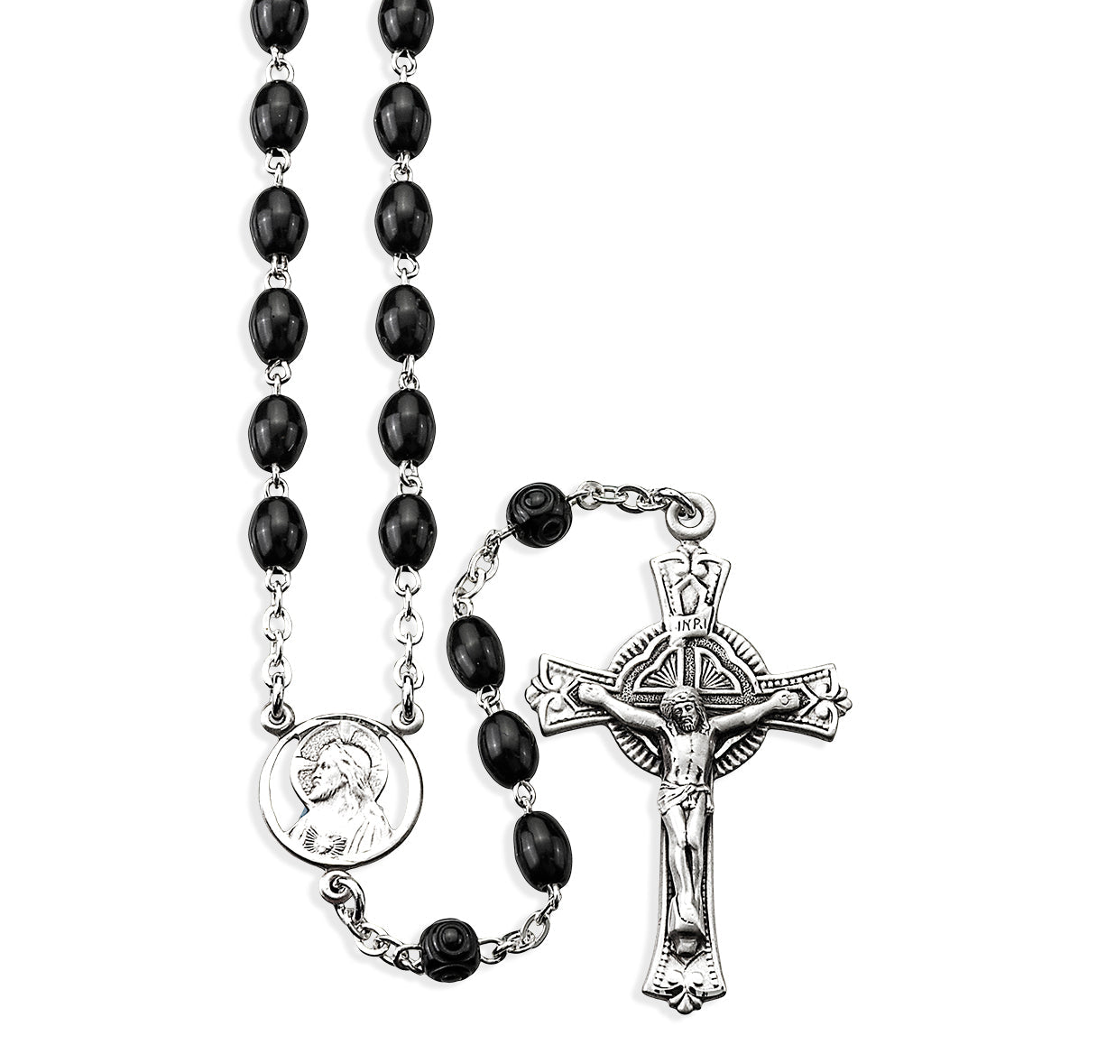 5x7mm Black Oval Genuine Cocoa Beads & 8mm Round O.F. Beads with Scapular Center | Catholic Rosary Beads