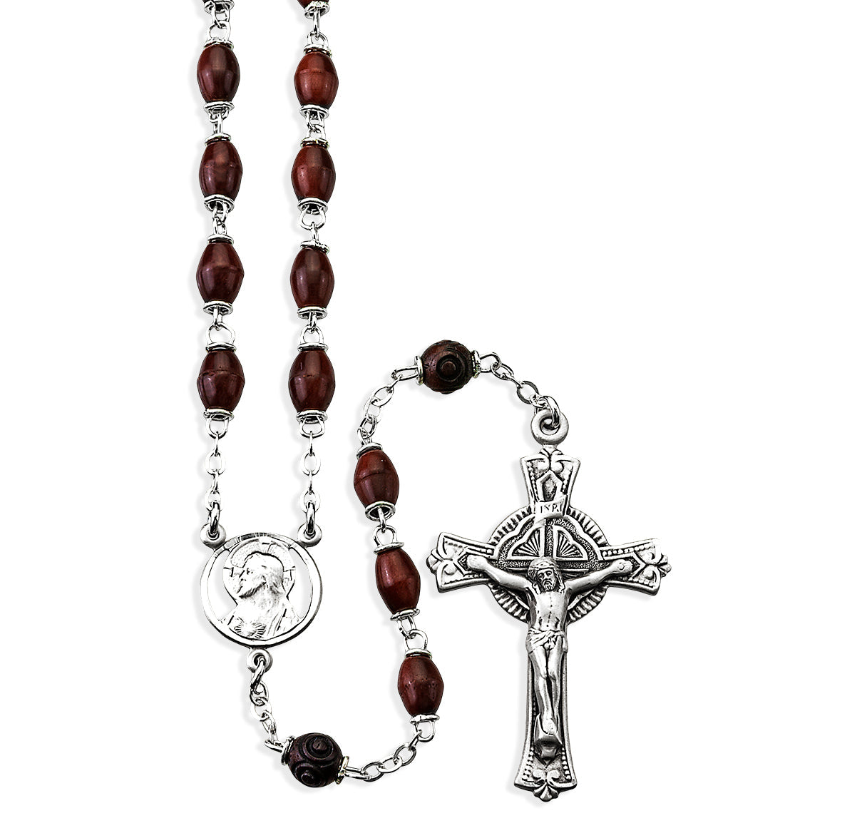 5x7mm Maroon Oval Genuine Cocoa Beads & 8mm Round O.F. Beads with Scapular Center | Catholic Rosary Beads