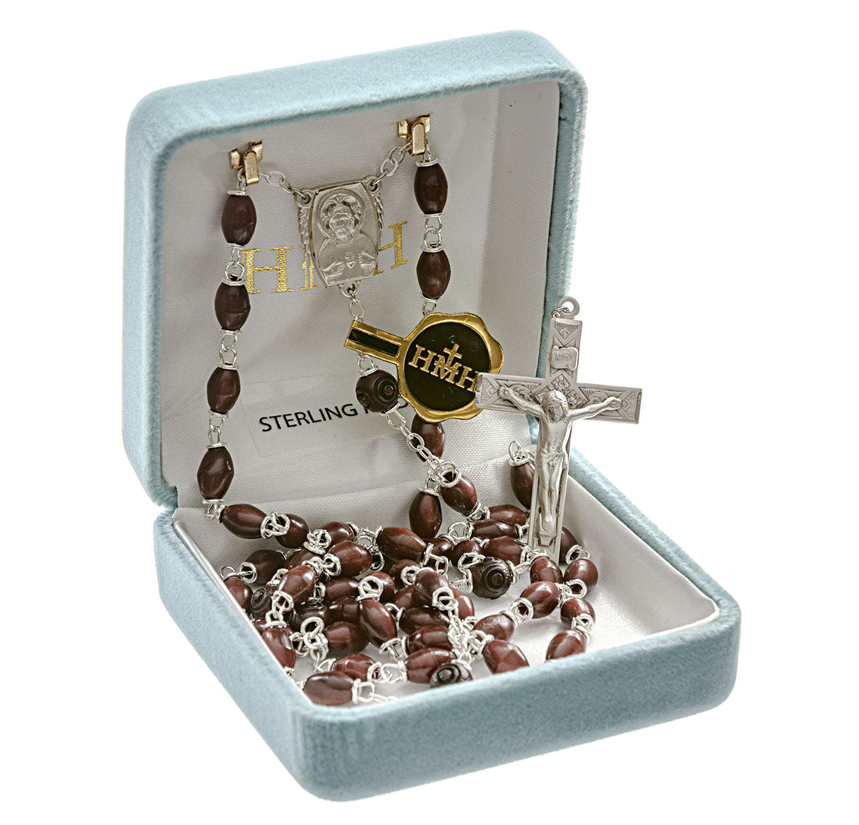 5x7mm Maroon Oval Genuine Cocoa Beads & 8mm Round O.F. Beads with Scapular Center | Catholic Rosary Beads