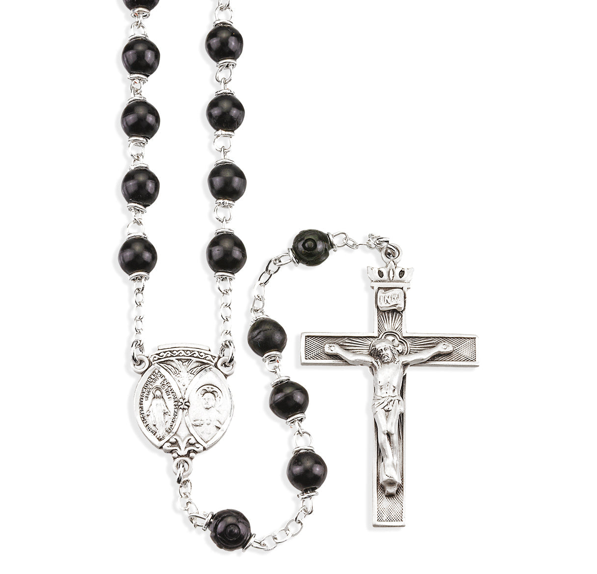 6mm Black Round Cocoa Beads with Carved O.F. Beads | Catholic Rosary Beads