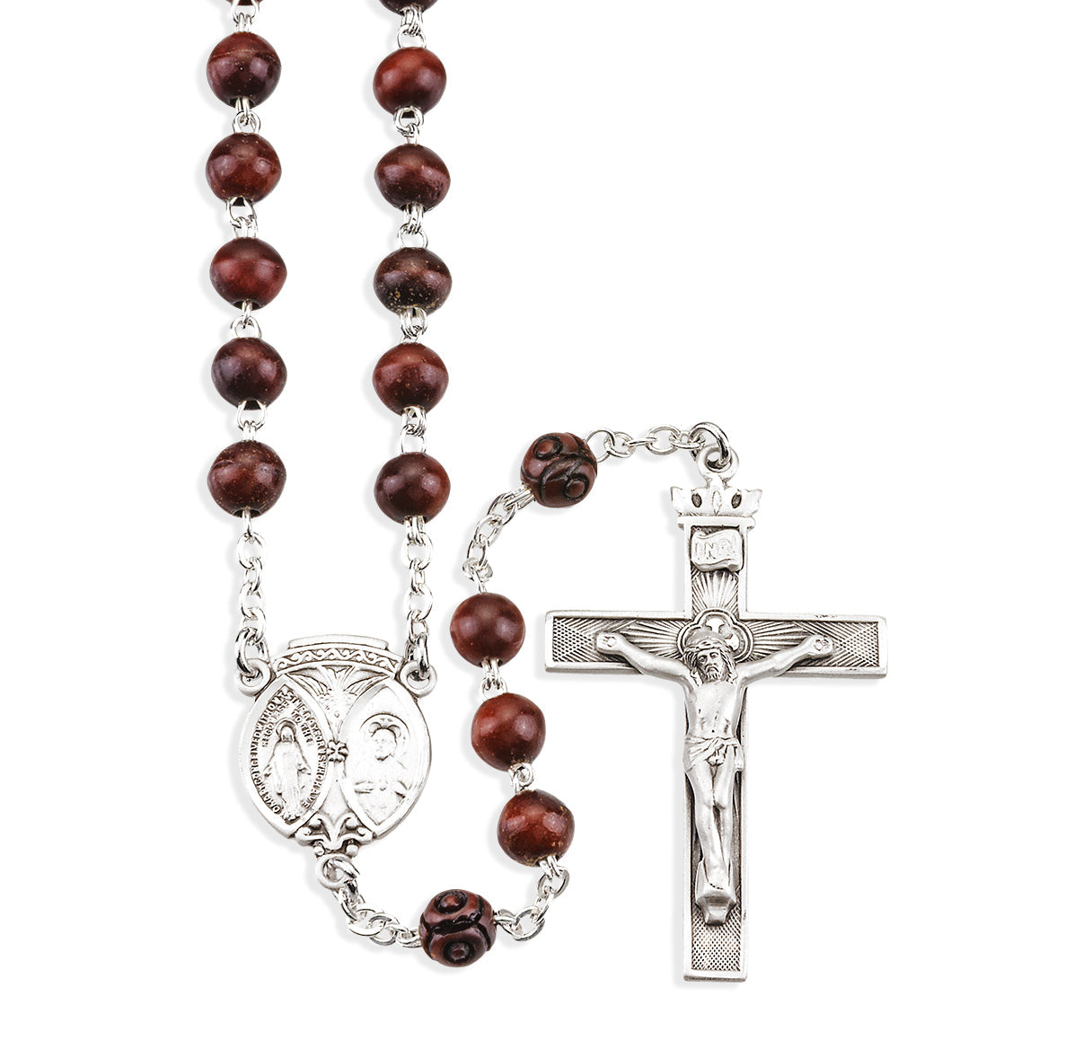 6mm Maroon Round Cocoa Bead Rosary, Carved O.F. Beads | Catholic Rosary