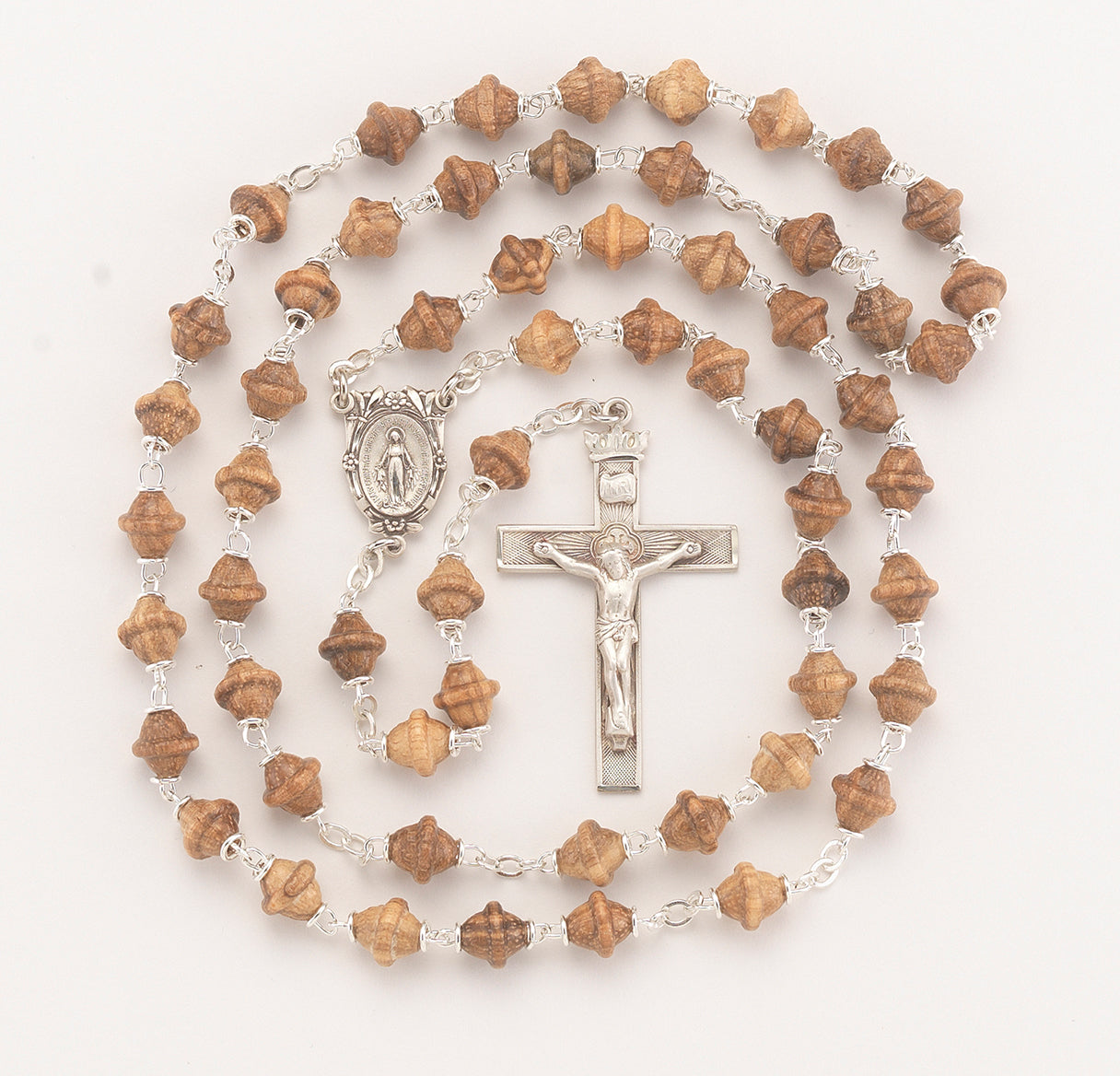 8mm Solid Walnut Bi-Cone Beads with Our Lady of Fatima Center Necklace | Catholic Jewelry