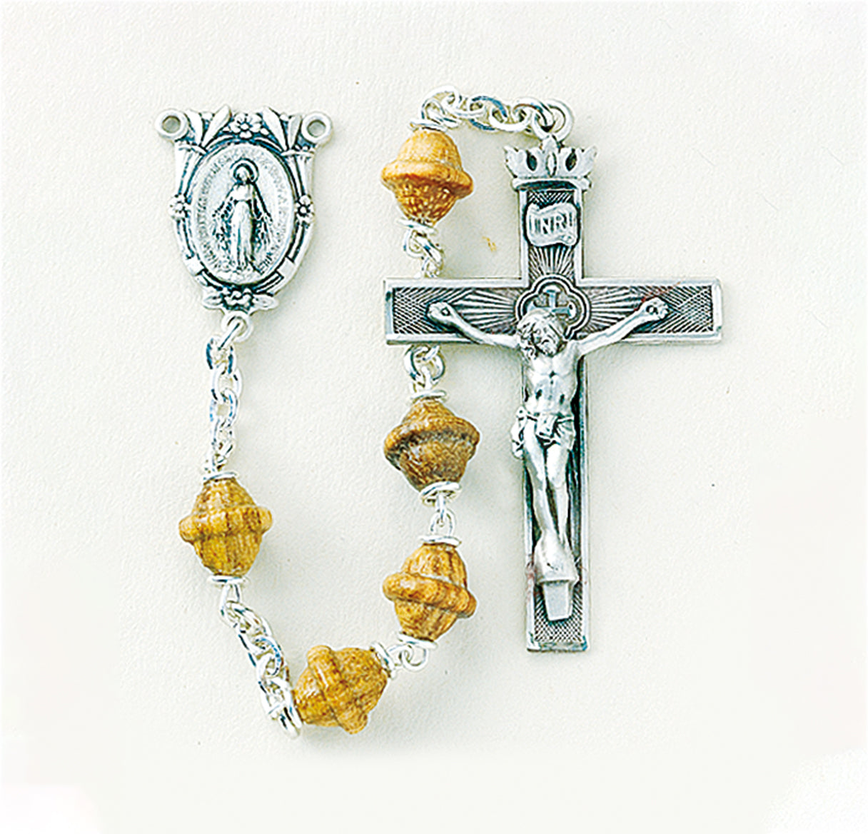8mm Solid Walnut Bi-Cone Beads with Our Lady of Fatima Center Necklace | Catholic Jewelry