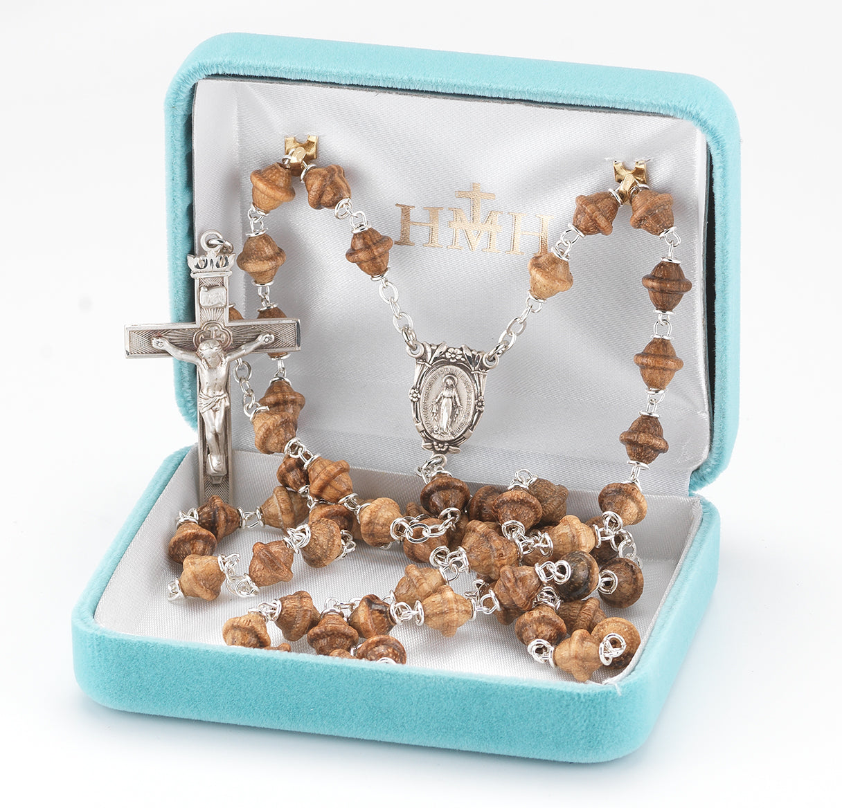 8mm Solid Walnut Bi-Cone Beads with Our Lady of Fatima Center Necklace | Catholic Jewelry