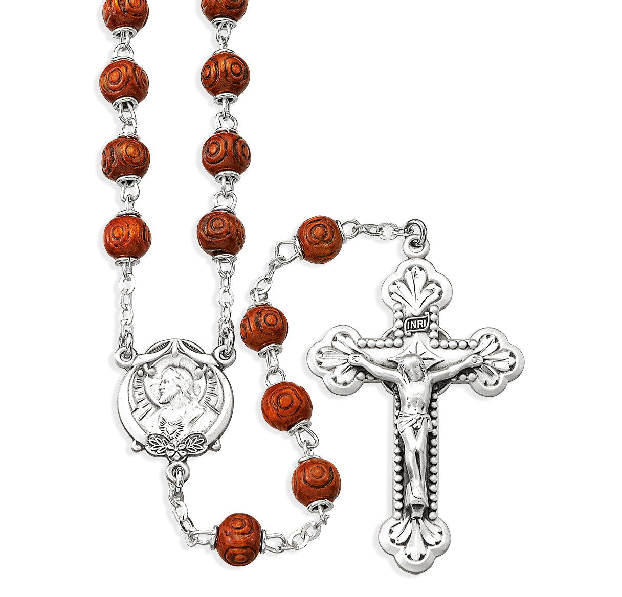 Brown Carved Boxwood Bead Rosary Sterling Crucifix and Centerpiece | .925 Silver