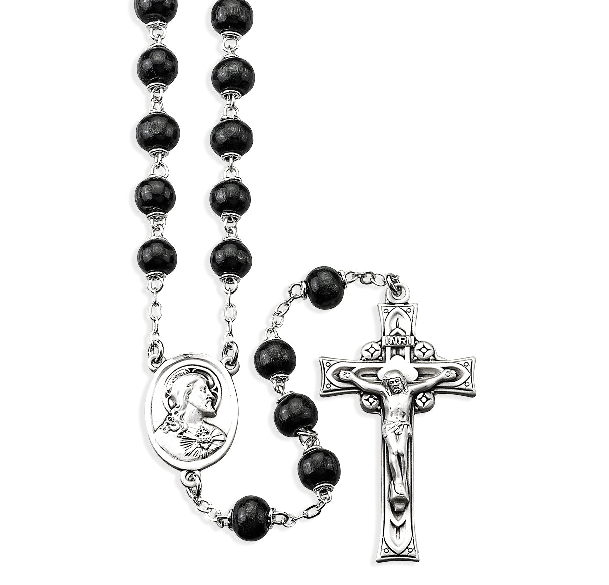 Black Round Boxwood Rosary Sterling Crucifix and Centerpiece | .925 Silver