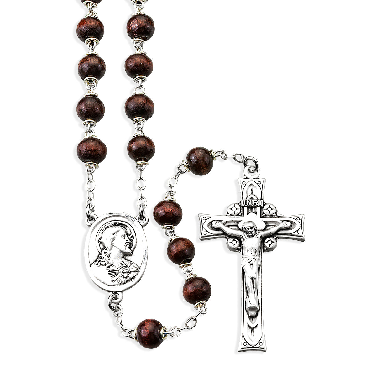 Maroon Round Boxwood Rosary Sterling Crucifix and Centerpiece | .925 Silver