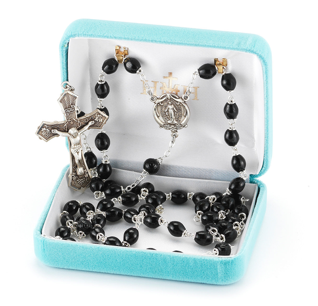 Black Oval Boxwood Rosary Sterling Crucifix and Centerpiece | .925 Silver