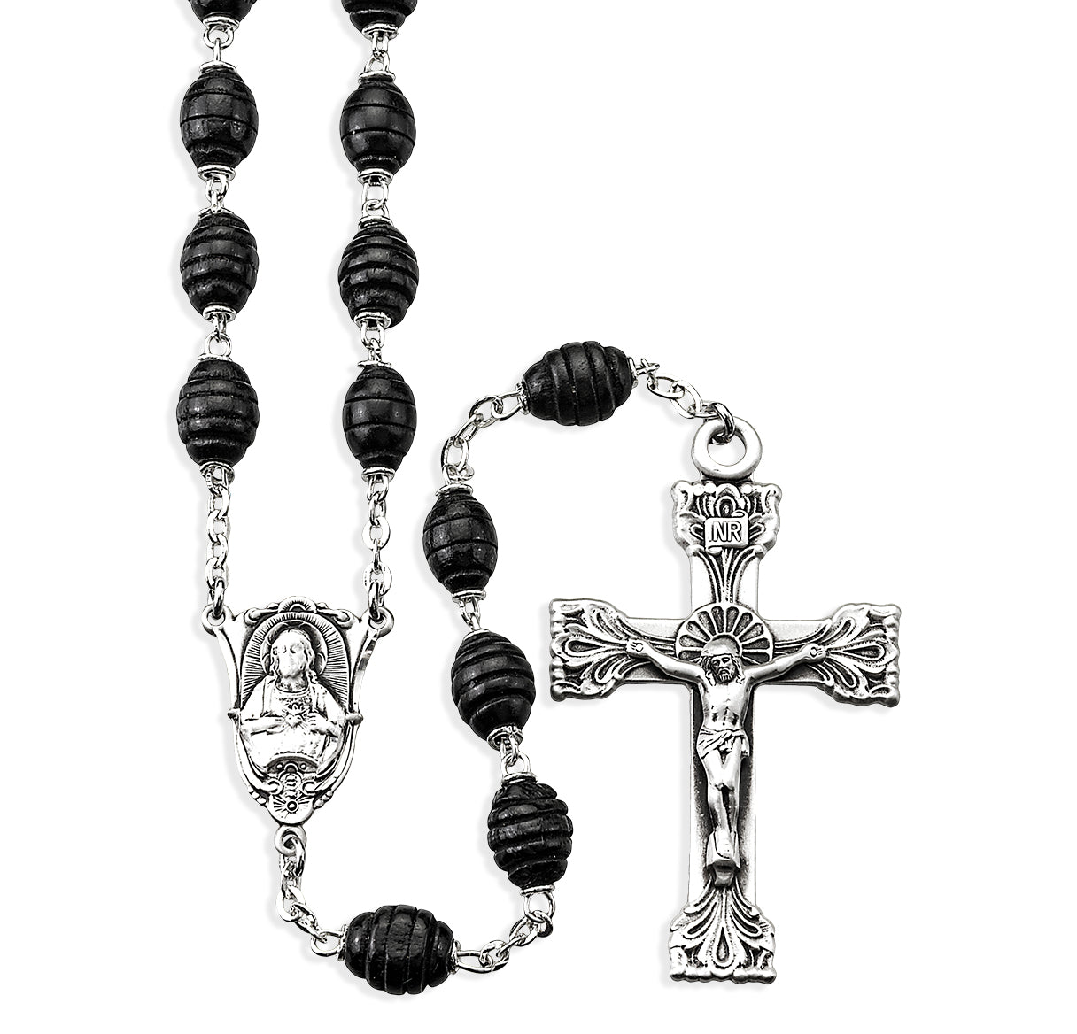 7x9mm Black Oval Carved "Beehive" Boxwood Beads | Catholic Rosary Beads