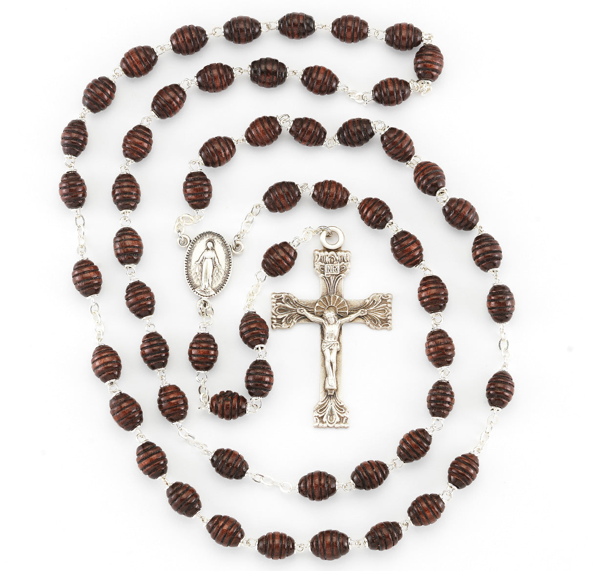 Maroon Oval Carved Beehive Boxwood Rosary Sterling Crucifix and Centerpiece | .925 Silver