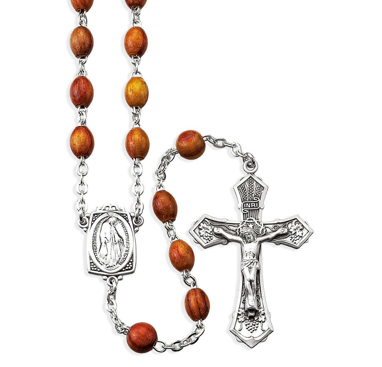 Genuine Rose Wood Oval Bead Rosary Sterling Crucifix and Centerpiece | .925 Silver