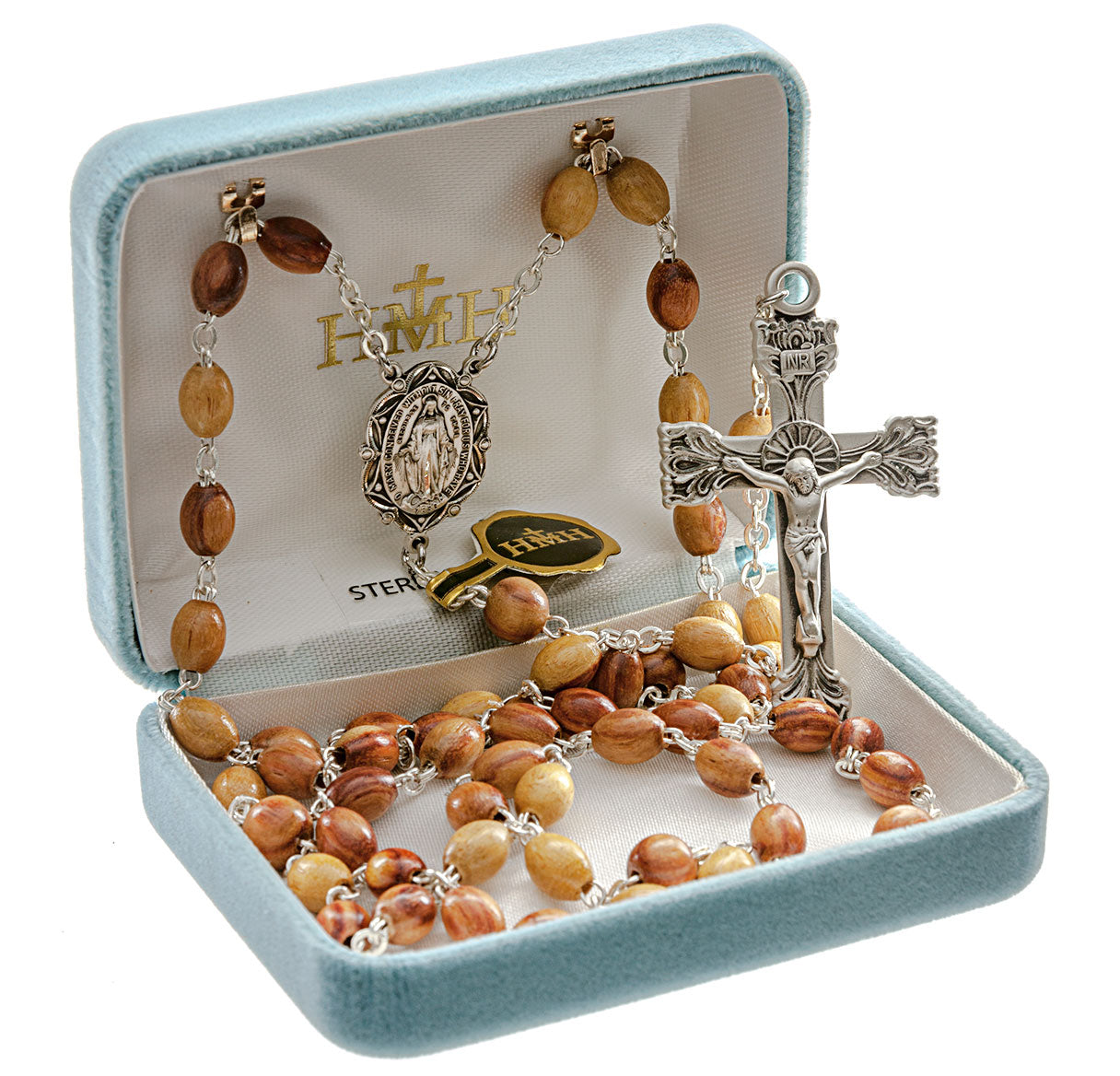 Genuine Rose Wood Oval Bead Rosary Sterling Crucifix and Centerpiece | .925 Silver