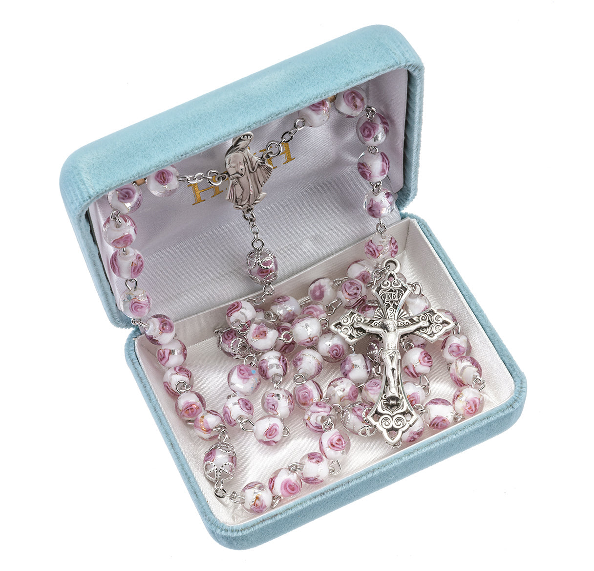 8mm Pink Rose Embedded Glass Beads with Double Capped "Our Father" Beads | Catholic Rosary Beads