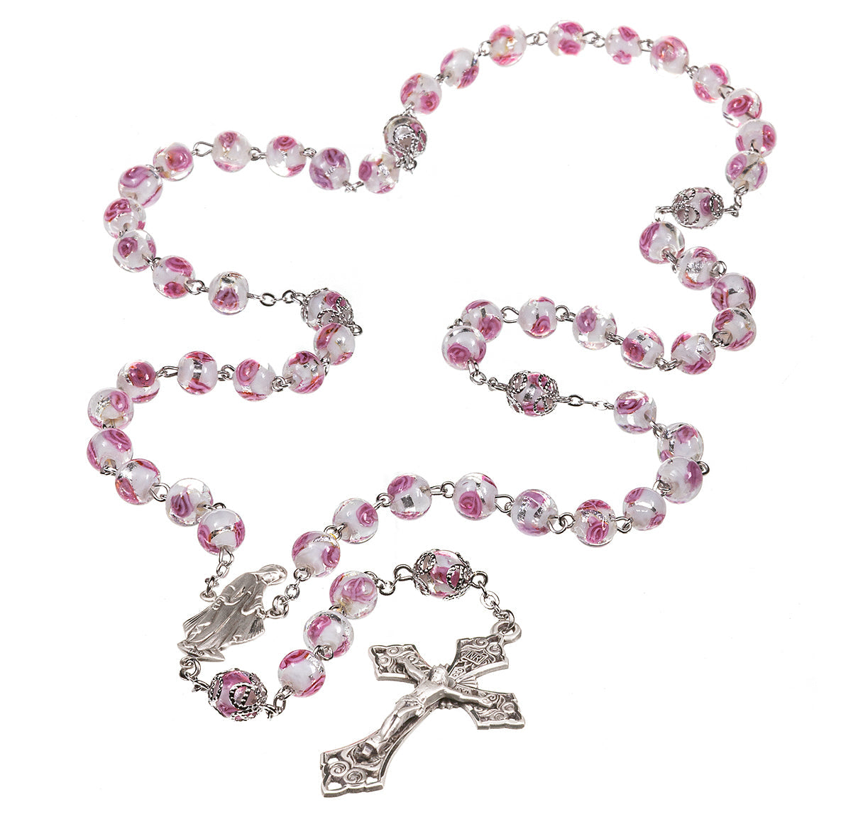 8mm Pink Rose Embedded Glass Beads with Double Capped "Our Father" Beads | Catholic Rosary Beads