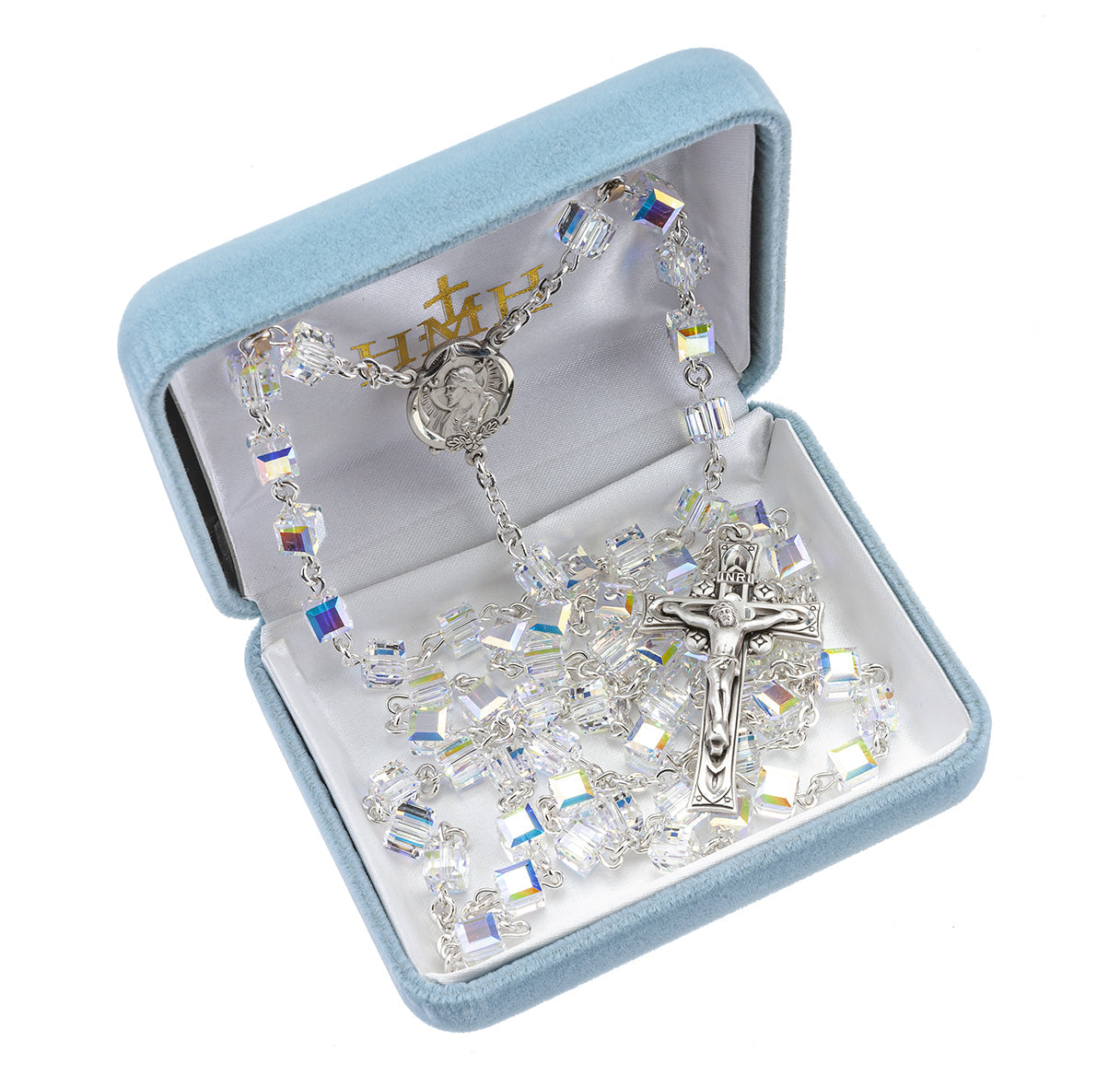 Rosary Sterling Crucifix and Centerpiece Created with finest Austrian Crystal 6mm Semi-Flat Aurora Borealis Beads by HMH