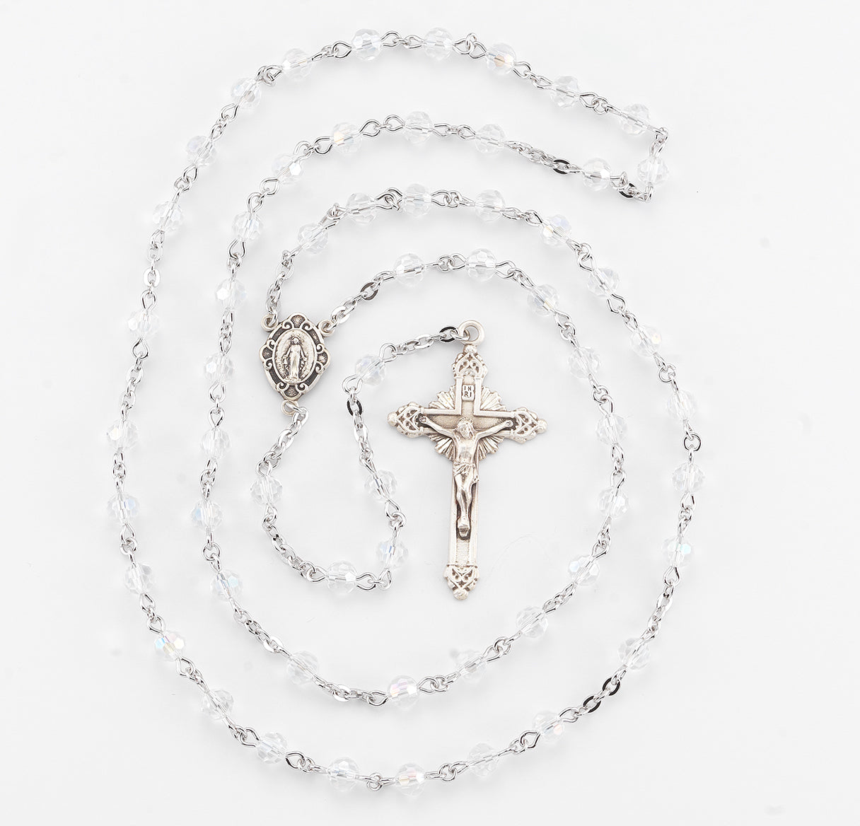 Rosary Sterling Crucifix and Centerpiece Created with finest Austrian Crystal 5mm Round Aurora Borealis Beads by HMH | .925 Silver