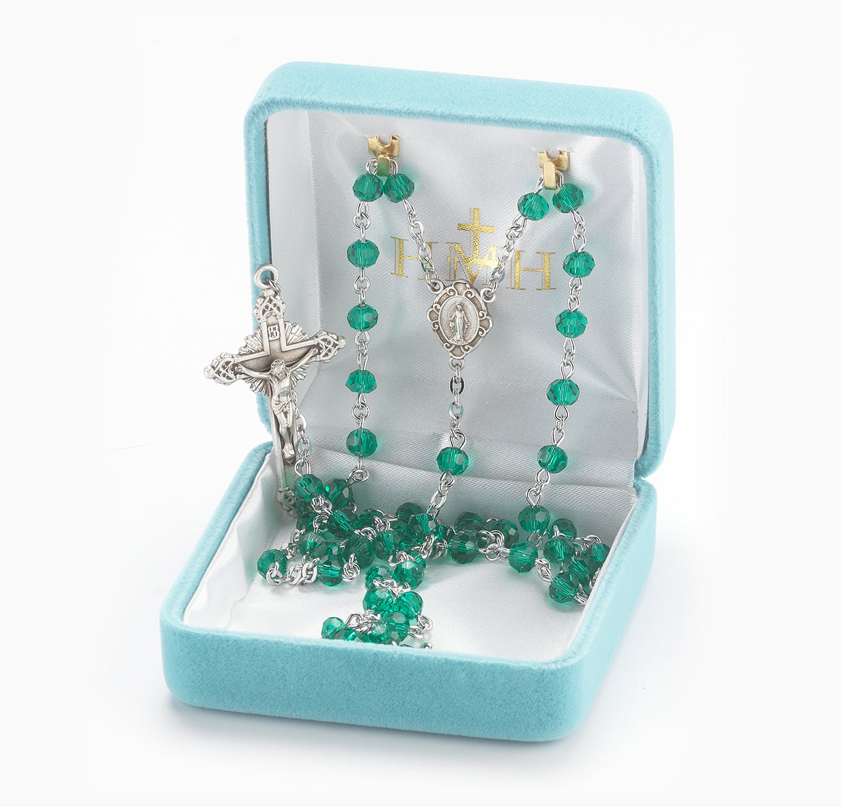 Round Emerald Bead Rosary Sterling Crucifix and Centerpiece | .925 Silver