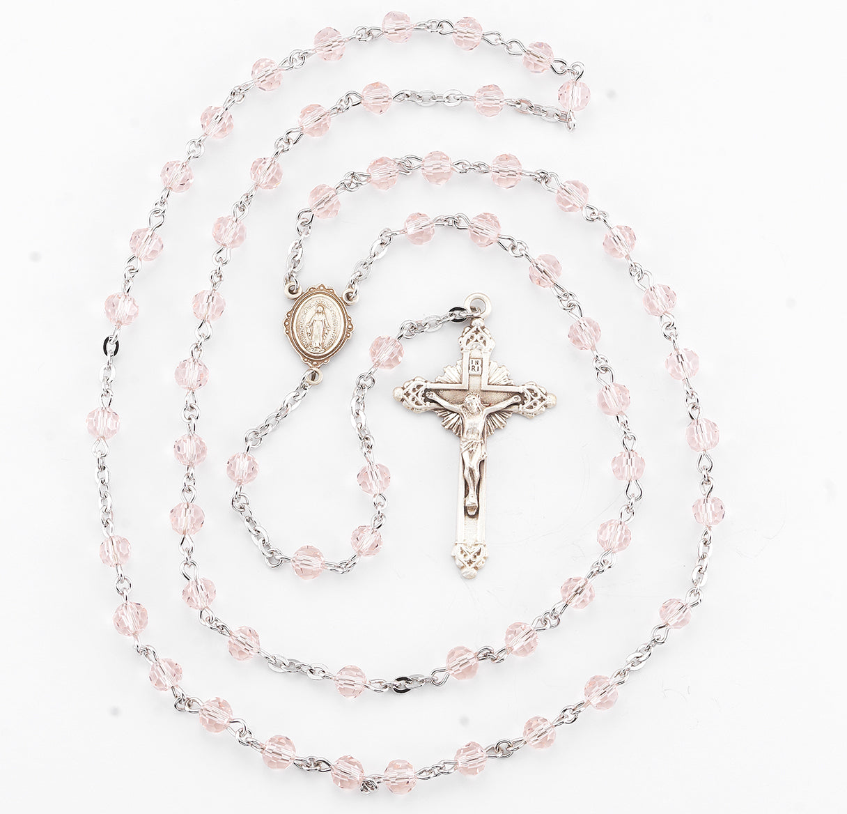Round Light Rose Bead Rosary Sterling Crucifix and Centerpiece | .925 Silver