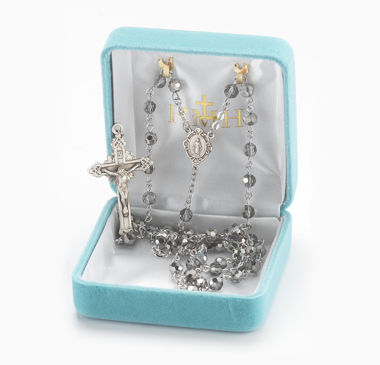 Round Metallic Silver Bead Rosary Sterling Crucifix and Centerpiece | .925 Silver