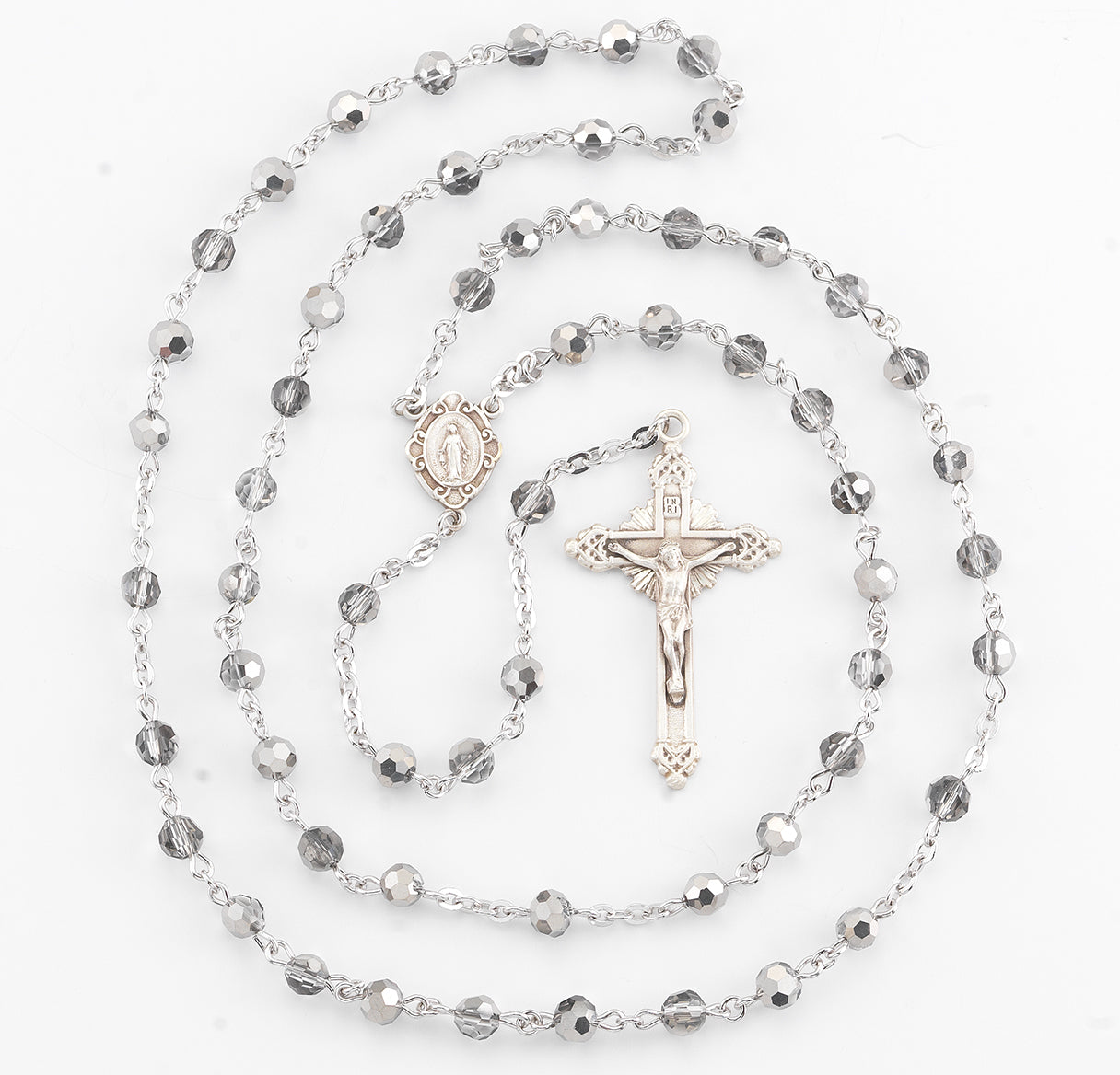 Round Metallic Silver Bead Rosary Sterling Crucifix and Centerpiece | .925 Silver