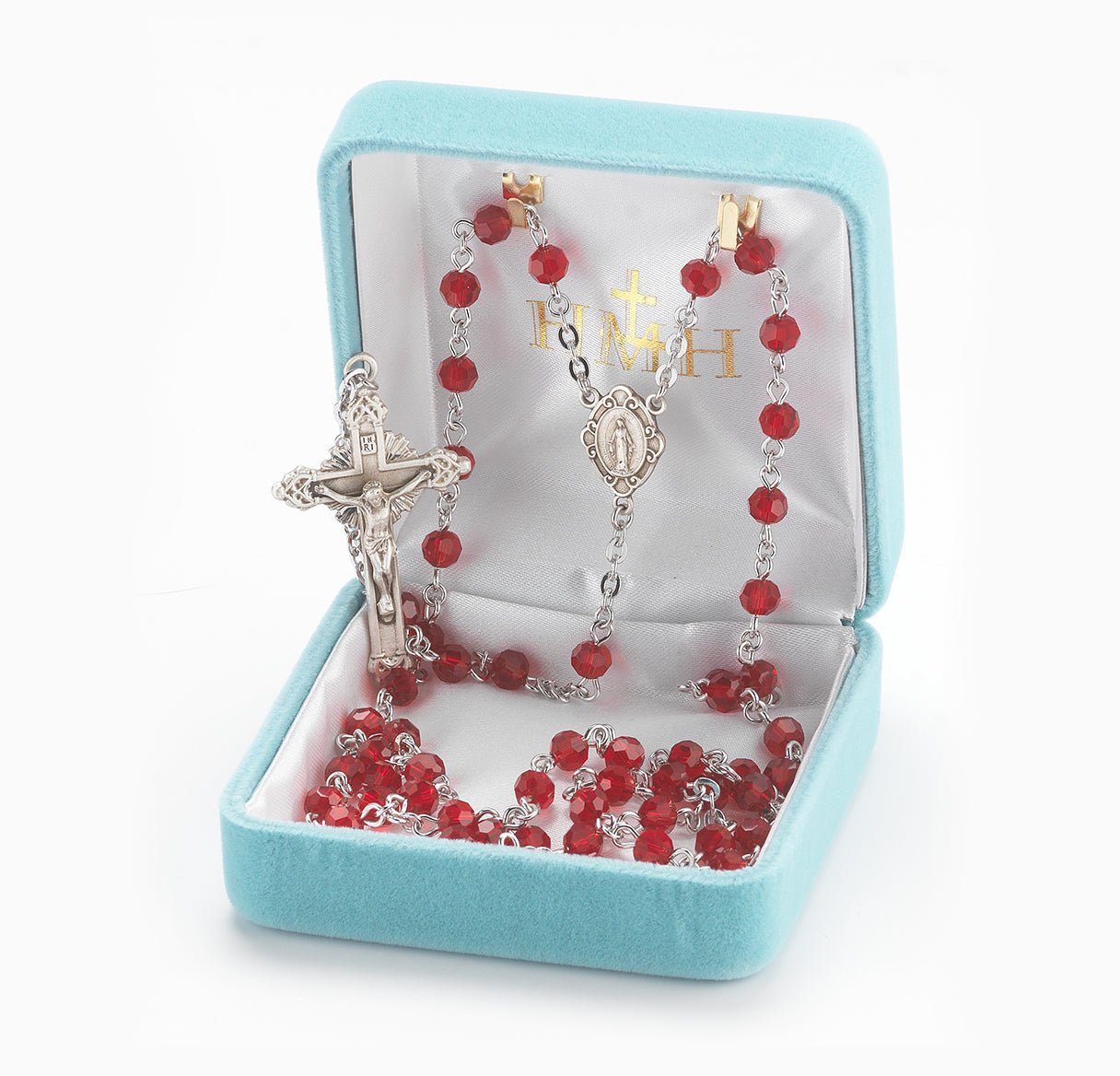 Round Ruby Bead Rosary Sterling Crucifix and Centerpiece | .925 Silver