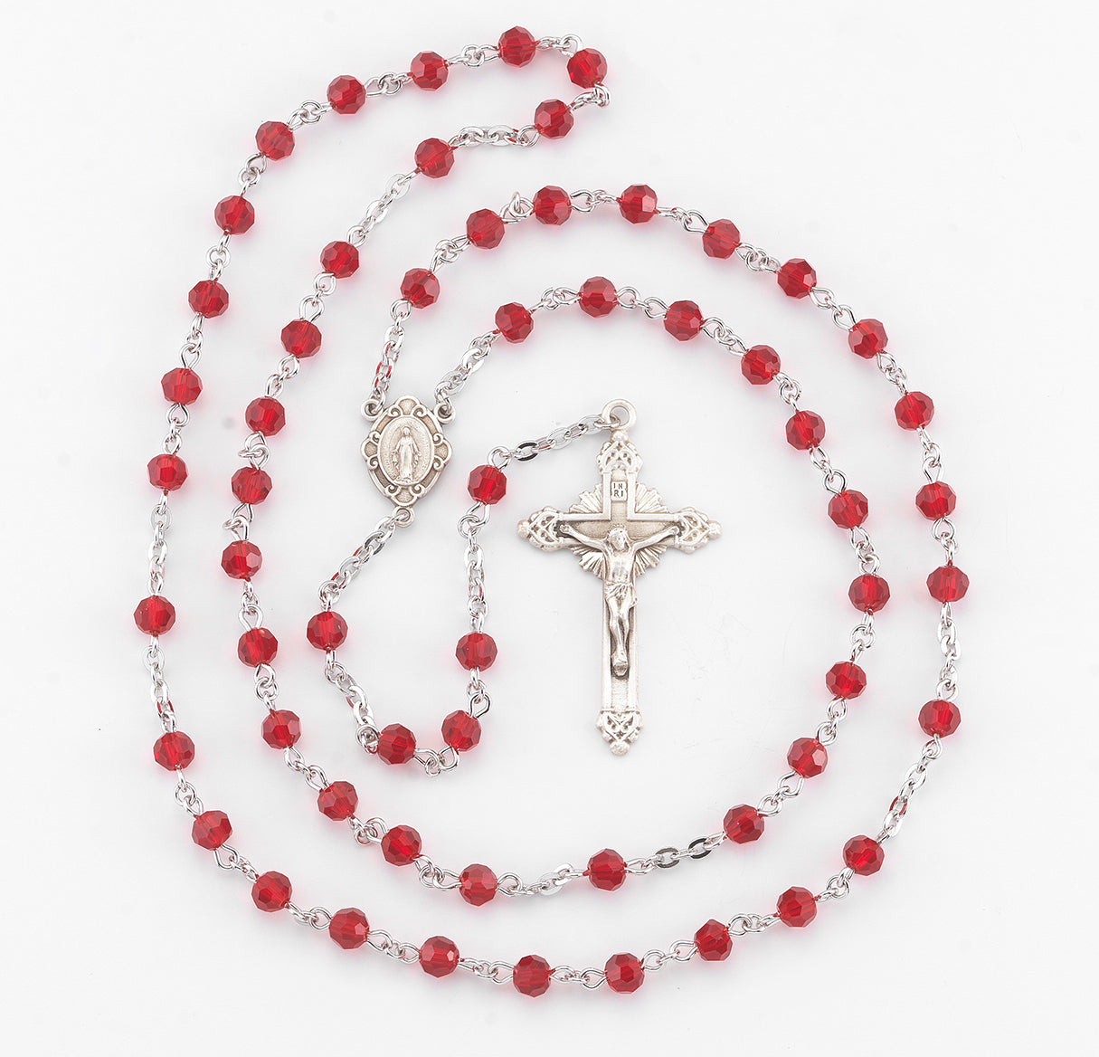 Round Ruby Bead Rosary Sterling Crucifix and Centerpiece | .925 Silver