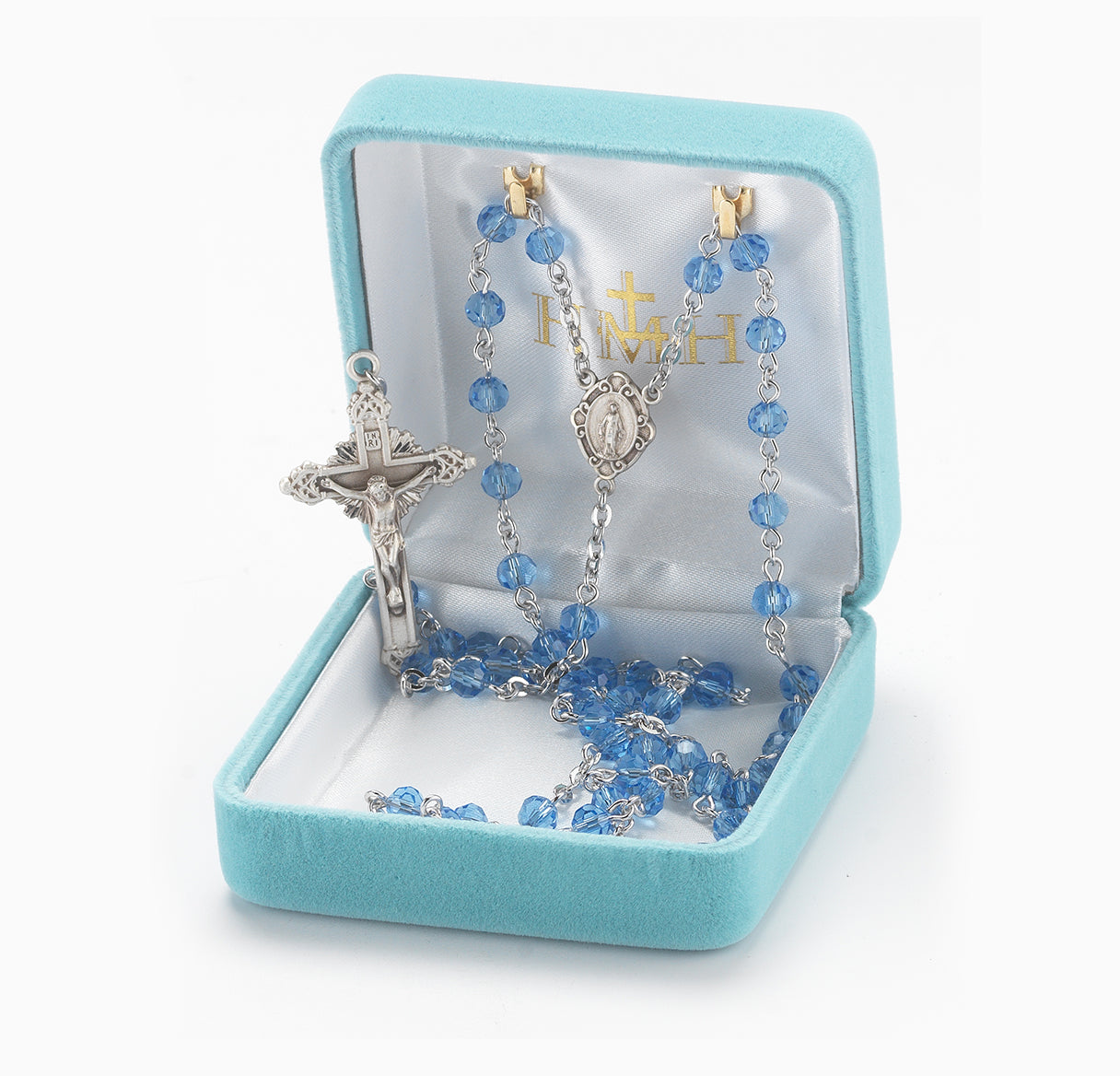 Round Sapphire Bead Rosary Sterling Crucifix and Centerpiece | .925 Silver