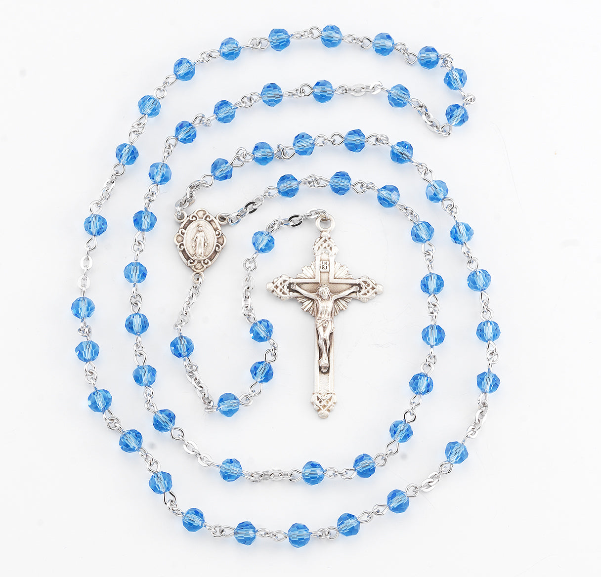 Round Sapphire Bead Rosary Sterling Crucifix and Centerpiece | .925 Silver