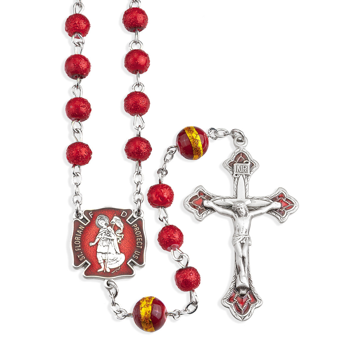 Sterling Silver Fireman St. Florian Rosary 6mm Red Lava Glass Beads | .925 Silver