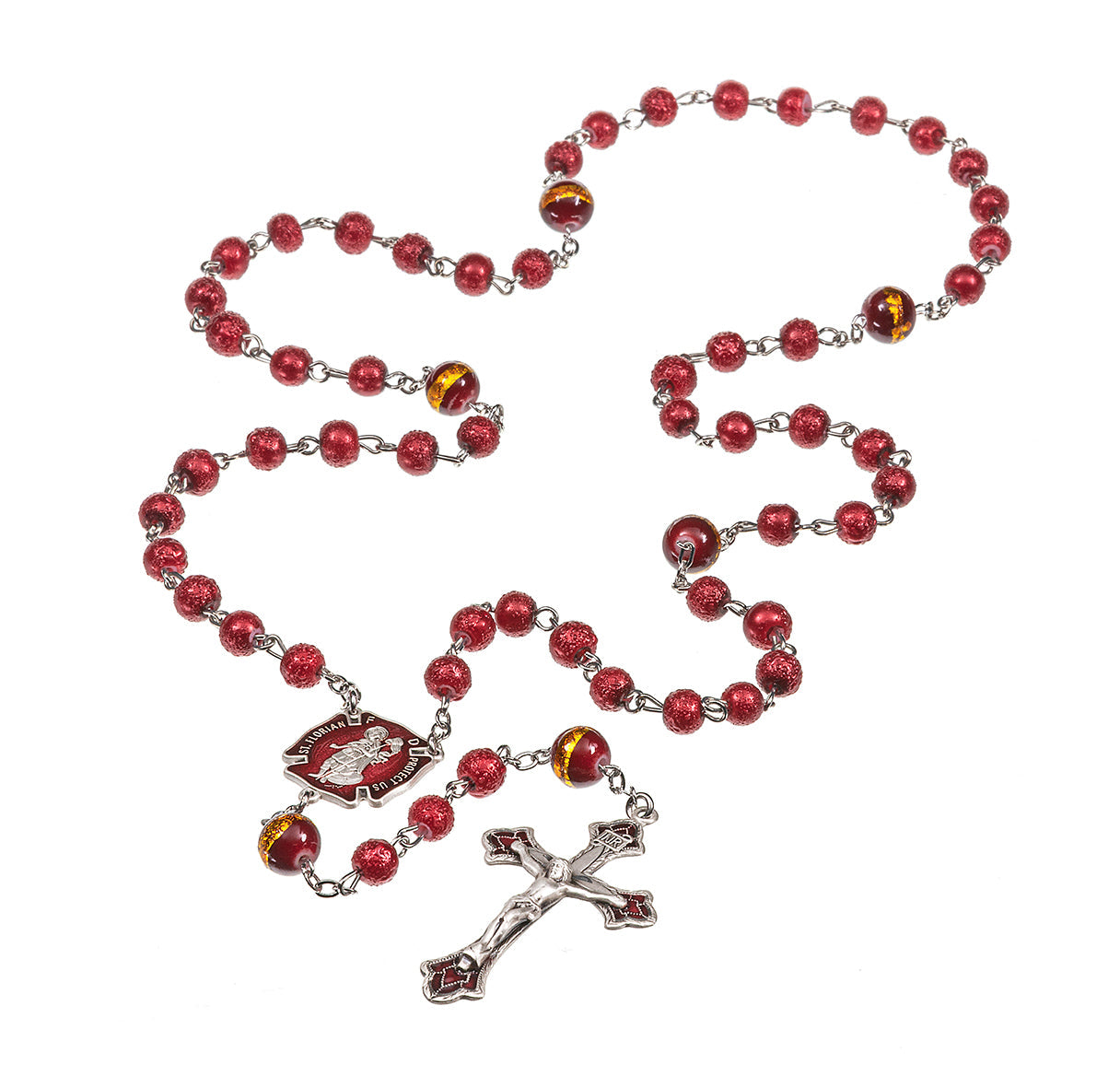Sterling Silver Fireman St. Florian Rosary 6mm Red Lava Glass Beads | .925 Silver