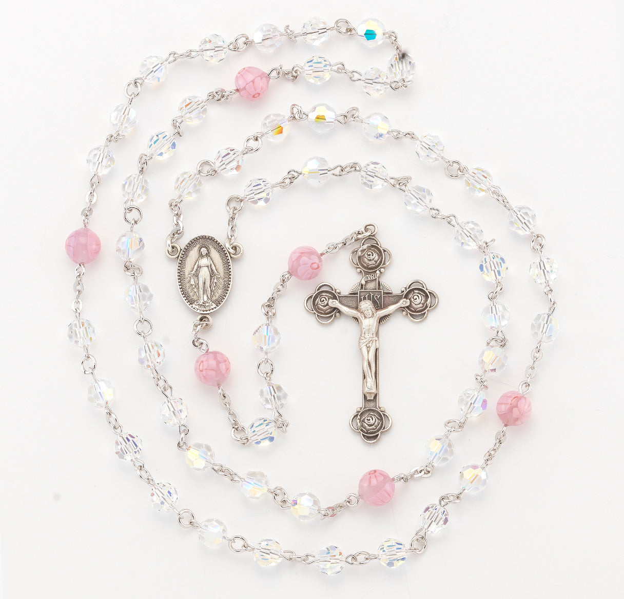 Rosary Sterling Crucifix and Centerpiece Created with finest Austrian Crystal 7mm Aurora Borealis and 8mm Glass Round Pink Beads by HMH