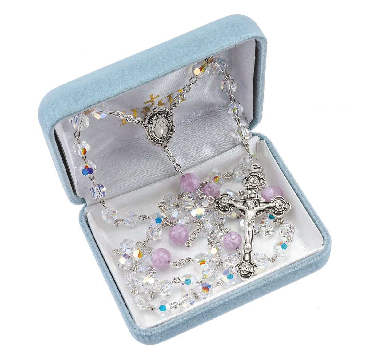 Rosary Sterling Crucifix and Centerpiece Created with finest Austrian Crystal 7mm Aurora Borealis and 8mm Glass Round Pink Beads by HMH