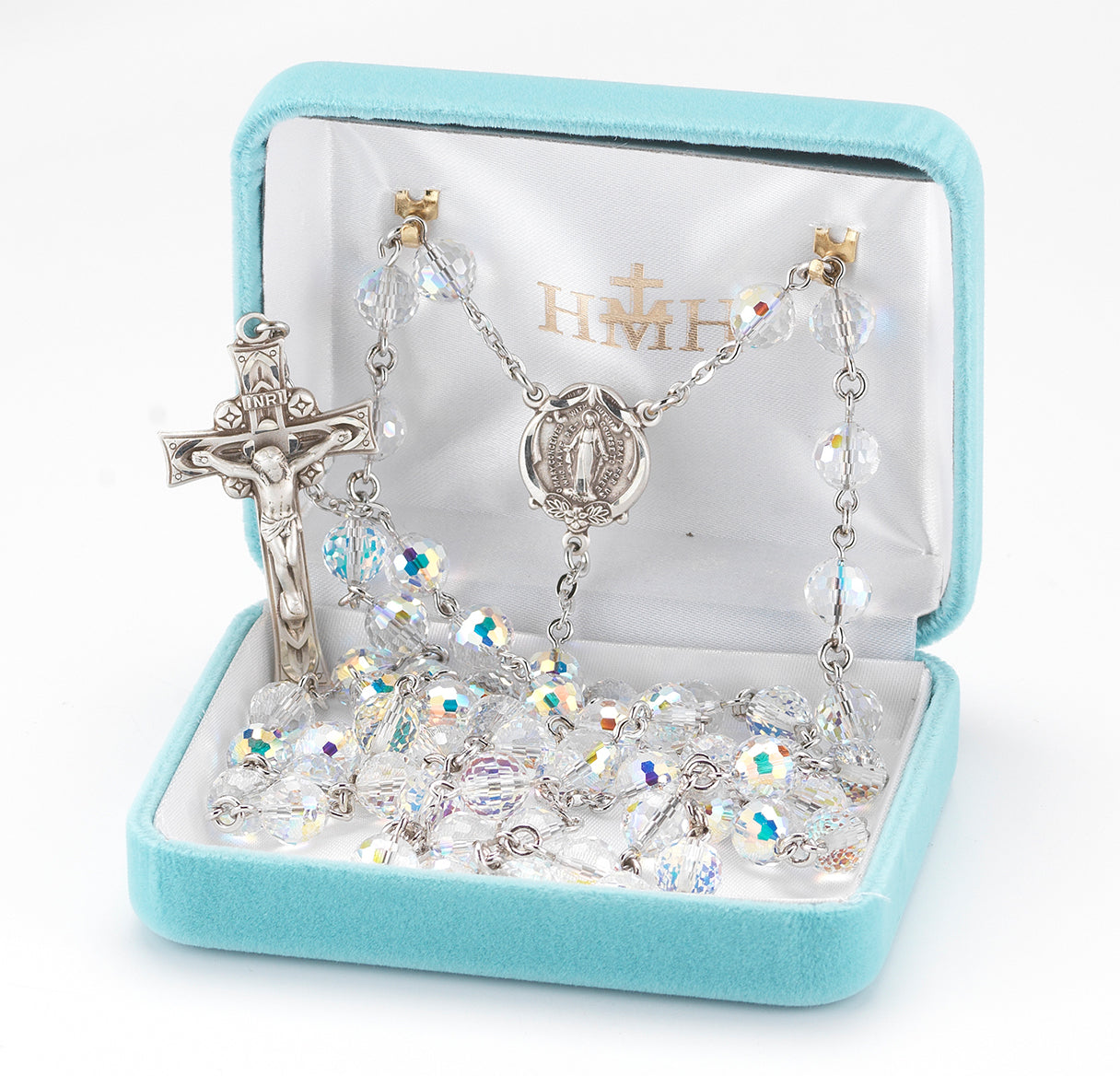 Rosary Sterling Crucifix and Centerpiece Created with finest Austrian Crystal 8mm Multi-Faceted Aurora Borealis Beads by HMH