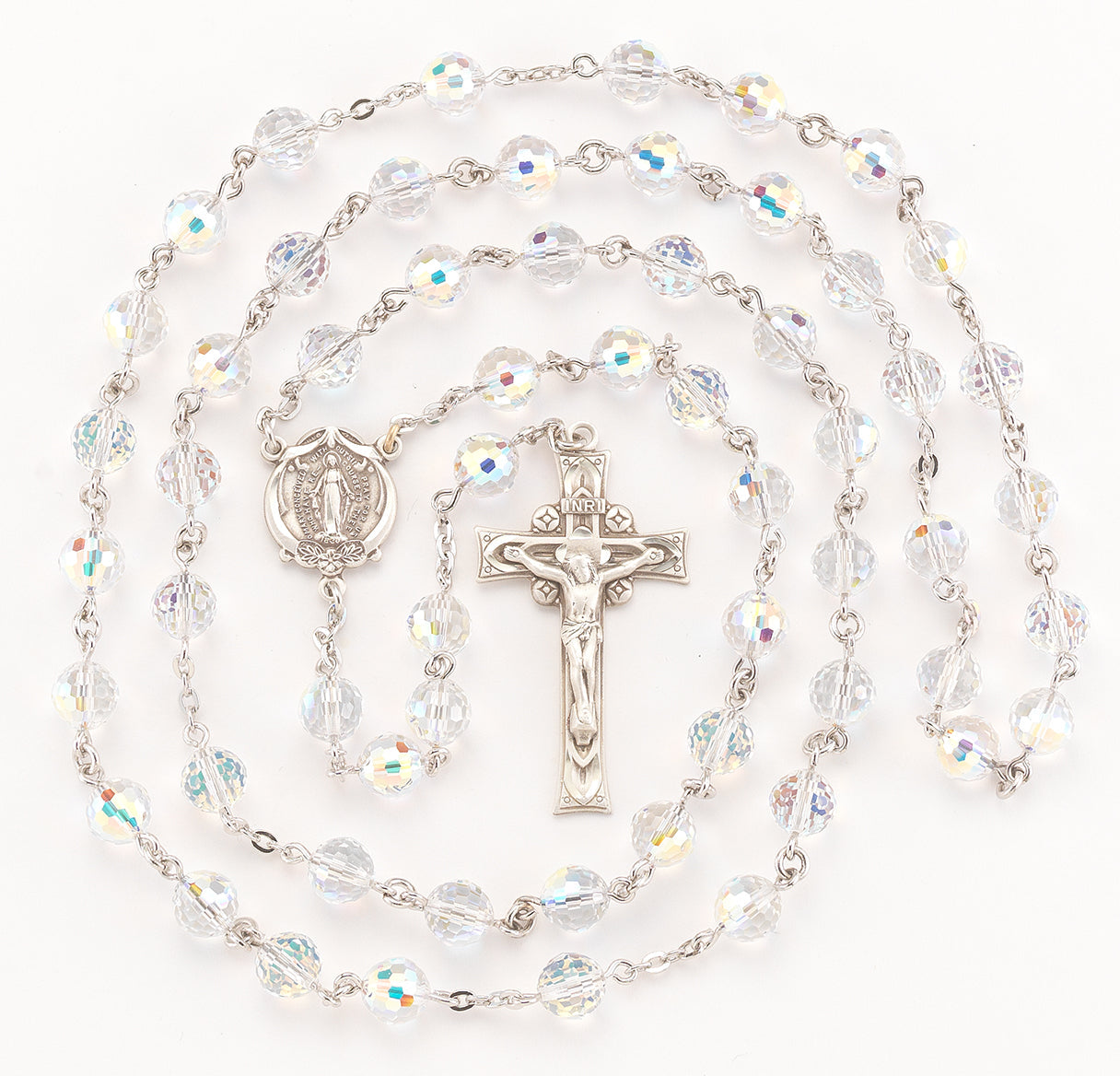 Rosary Sterling Crucifix and Centerpiece Created with finest Austrian Crystal 8mm Multi-Faceted Aurora Borealis Beads by HMH