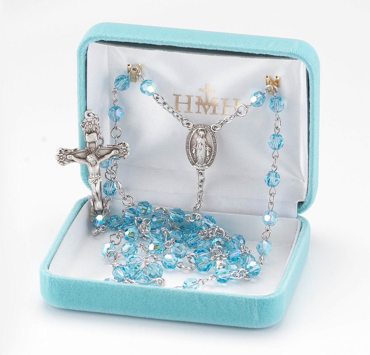 Rosary Sterling Crucifix and Centerpiece Created with finest Austrian Crystal 6mm Faceted Round Aqua Beads by HMH | .925 Silver