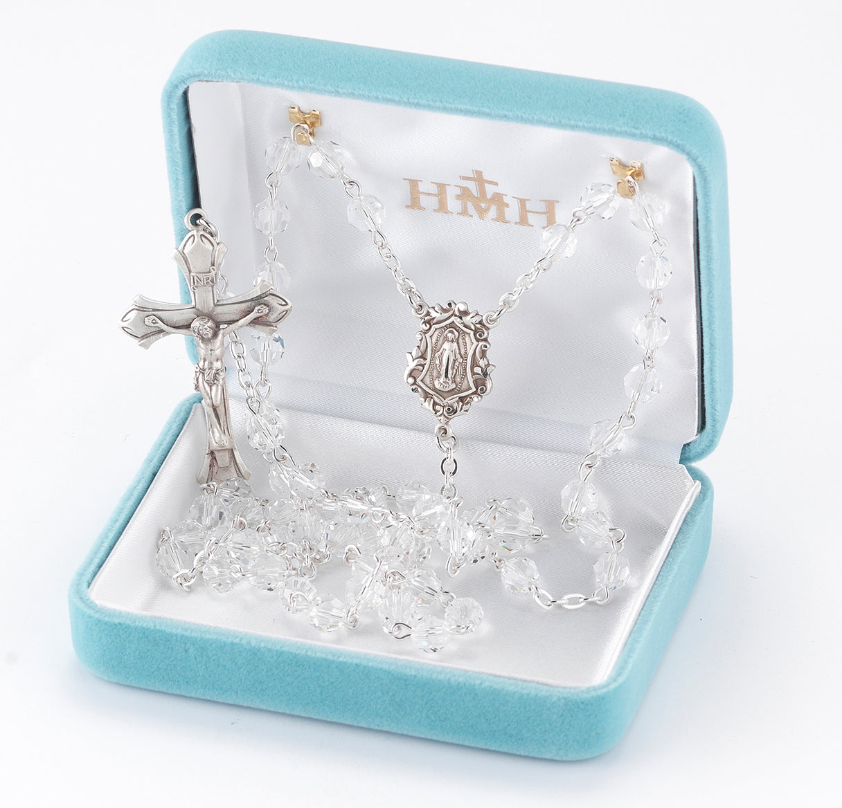 Rosary Sterling Crucifix and Centerpiece Created with finest Austrian Crystal 6mm Faceted Round Clear Beads by HMH | .925 Silver
