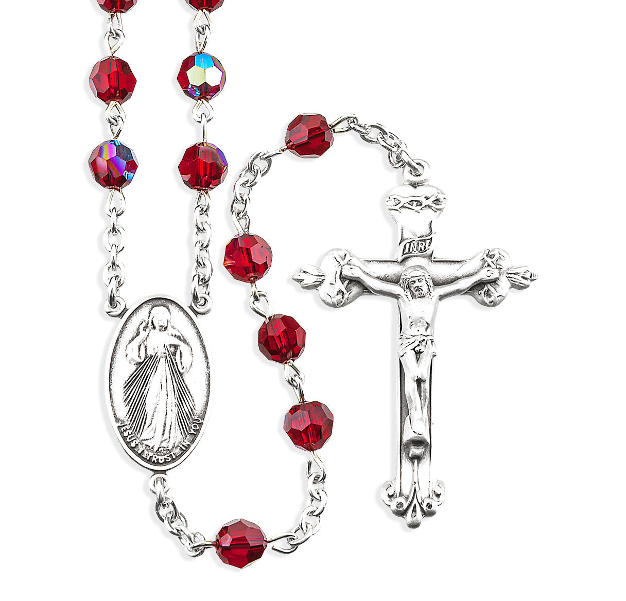 Sterling Silver Divine Mercy Rosary Chaplet- 6mm Finest Ruby Crystal Beads | .925 Silver
