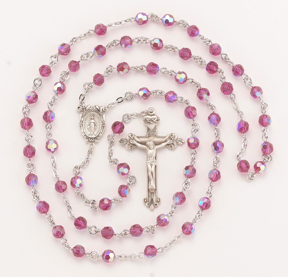 Rosary Sterling Crucifix and Centerpiece Created with finest Austrian Crystal 6mm Faceted Round Fuchsia Beads by HMH | .925 Silver