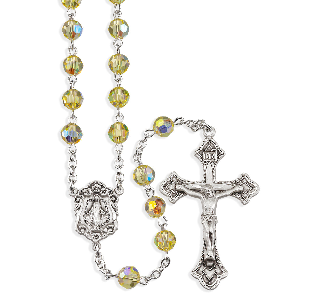 Rosary Sterling Crucifix and Centerpiece Created with finest Austrian Crystal 6mm Faceted Round Jonquil Beads by HMH | .925 Silver