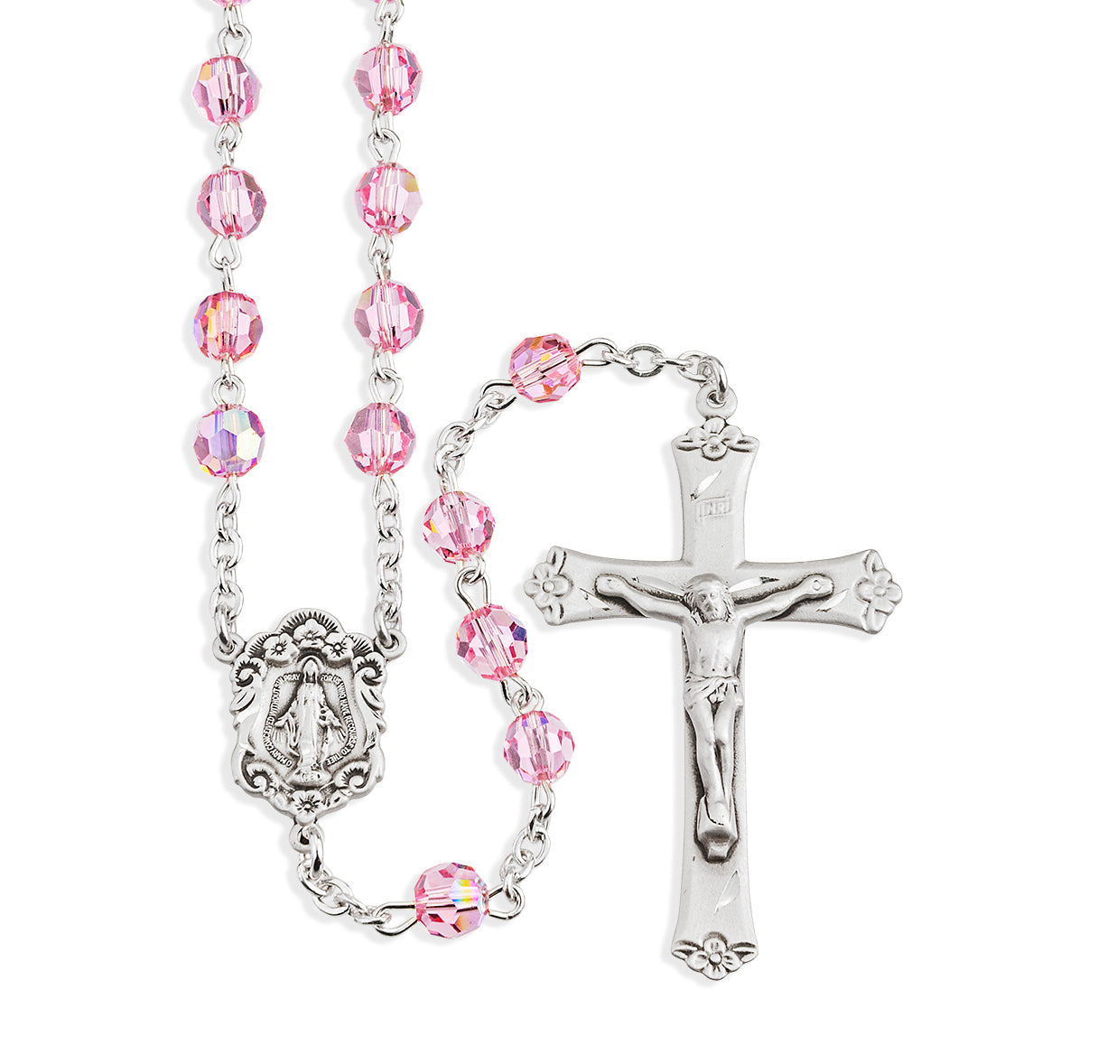 Rosary Sterling Crucifix and Centerpiece Created with finest Austrian Crystal 6mm Faceted Round Light Rose Beads by HMH