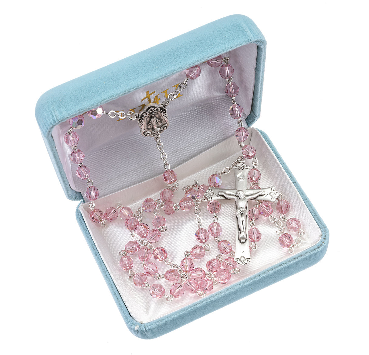 Rosary Sterling Crucifix and Centerpiece Created with finest Austrian Crystal 6mm Faceted Round Light Rose Beads by HMH