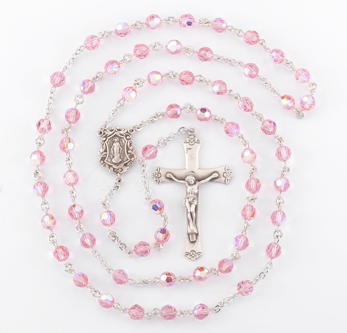 Rosary Sterling Crucifix and Centerpiece Created with finest Austrian Crystal 6mm Faceted Round Light Rose Beads by HMH