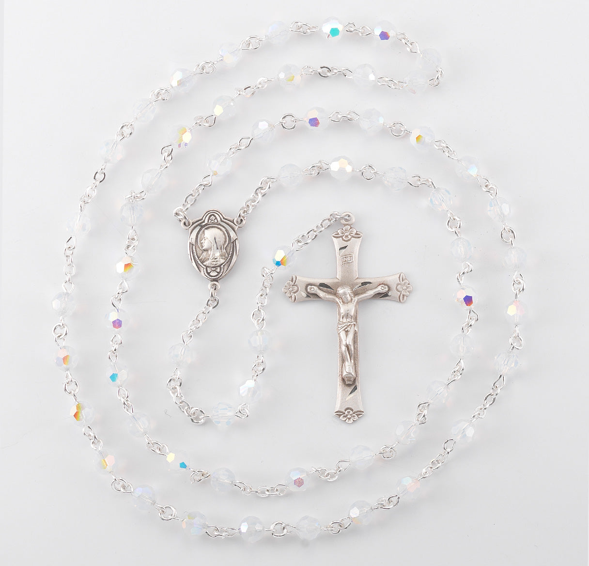 Rosary Sterling Crucifix and Centerpiece Created with finest Austrian Crystal 6mm Faceted Round Opal Beads by HMH | .925 Silver