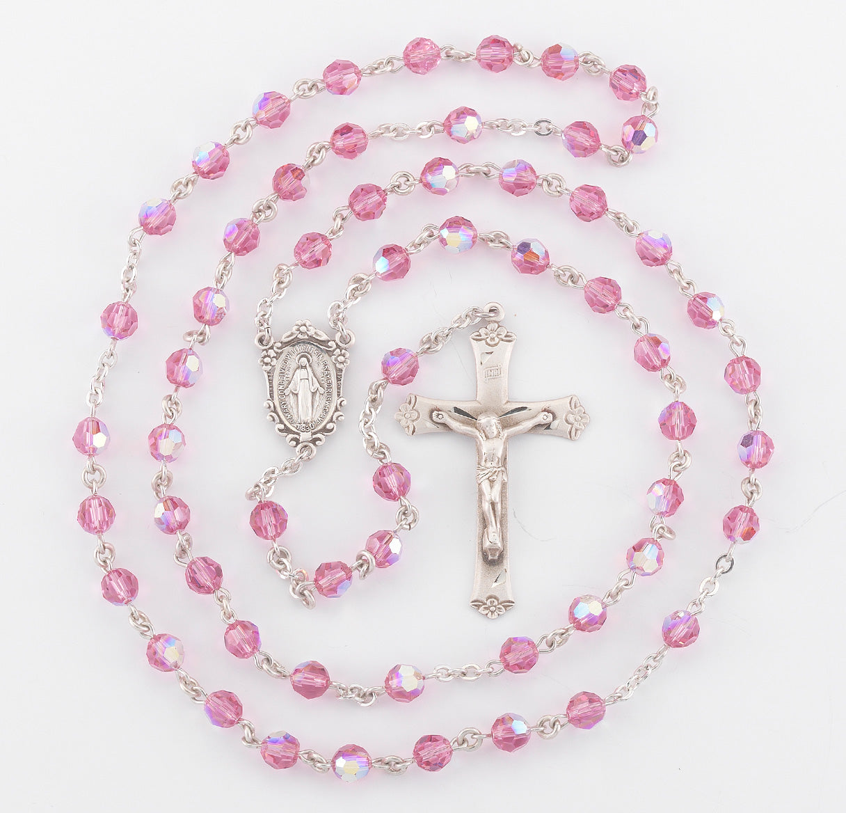 Rosary Sterling Crucifix and Centerpiece Created with finest Austrian Crystal 6mm Faceted Round Pink Beads by HMH | .925 Silver