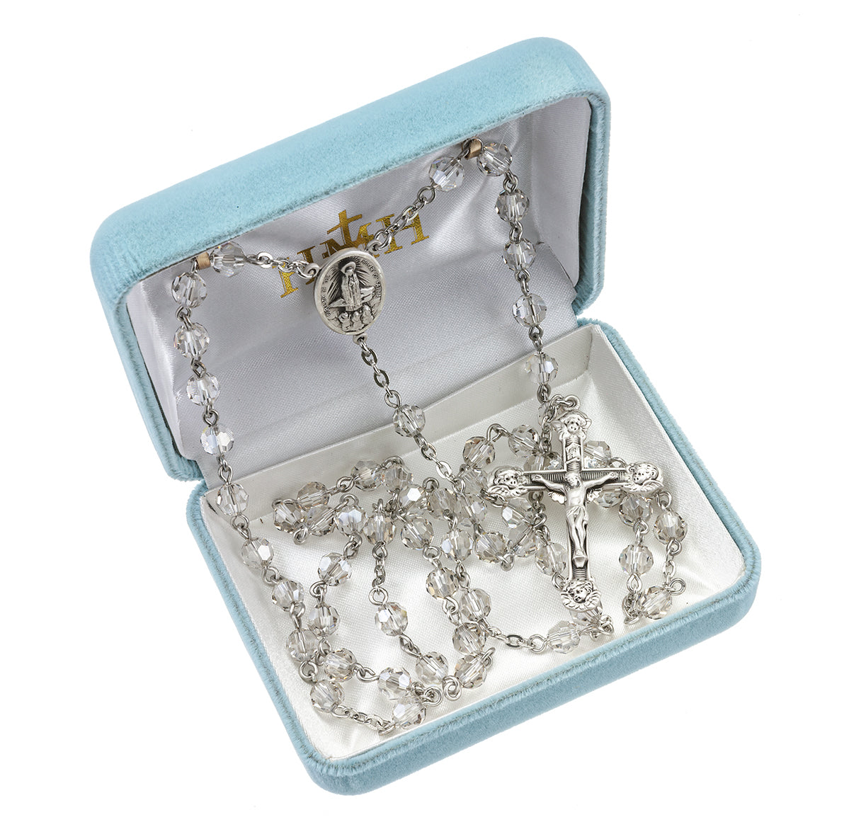 Rosary Sterling Crucifix and Centerpiece Created with finest Austrian Crystal 6mm Faceted Round Smoked Beads by HMH | .925 Silver