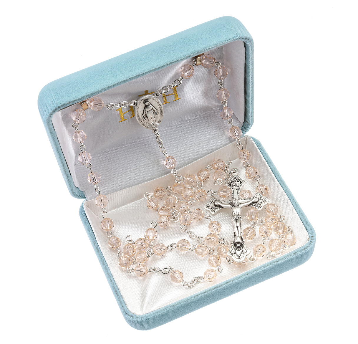 Rosary Sterling Crucifix and Centerpiece Created with finest Austrian Crystal 6mm Faceted Round Silk Beads by HMH | .925 Silver